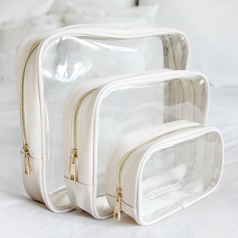 Amazon.com: EzPacking Half Moon Bag/Clear Cosmetic Pouch for Purse/ Transparent TSA Compliant Clear Quart Bag for Travel/See-Through Clutch or  Handbag for Makeup/Made From Vegan Leather, Vinyl PVC & Suede (Blush)